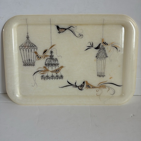 Mid Century cream resin TV tray gold and black birds bird cage vintage retro - Picture 1 of 14